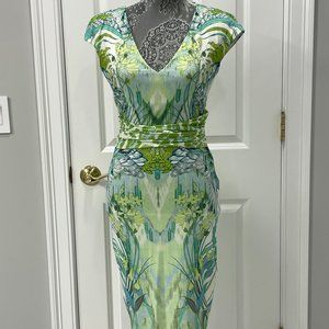 Roberto Cavalli White Green knitted bodycon Dress, Size 40